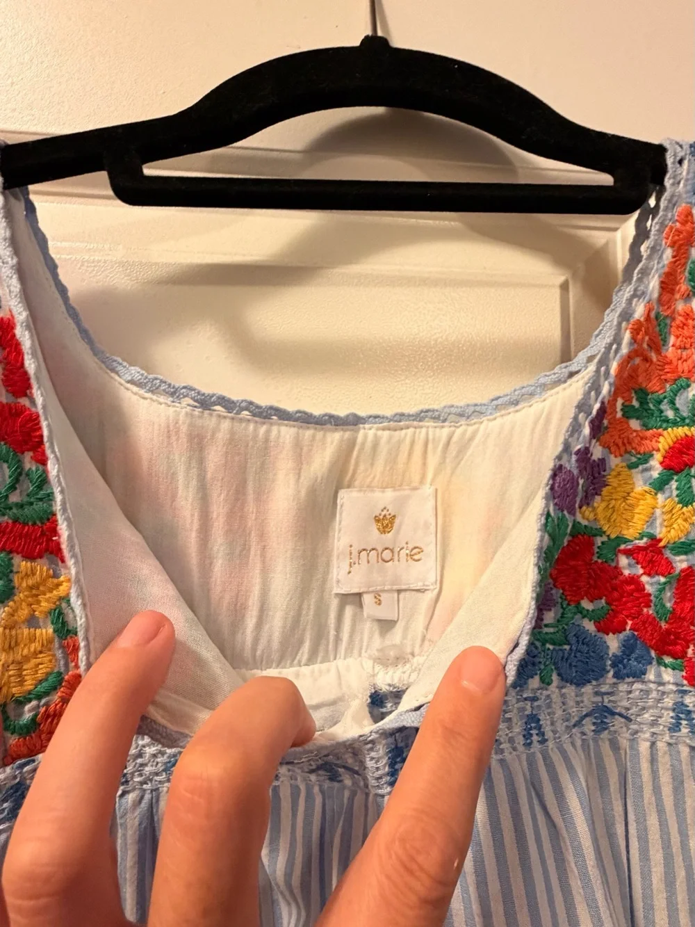 J. Marie Light Blue Striped Dress with Multicolor Floral Embroidery - Picture 7 of 8